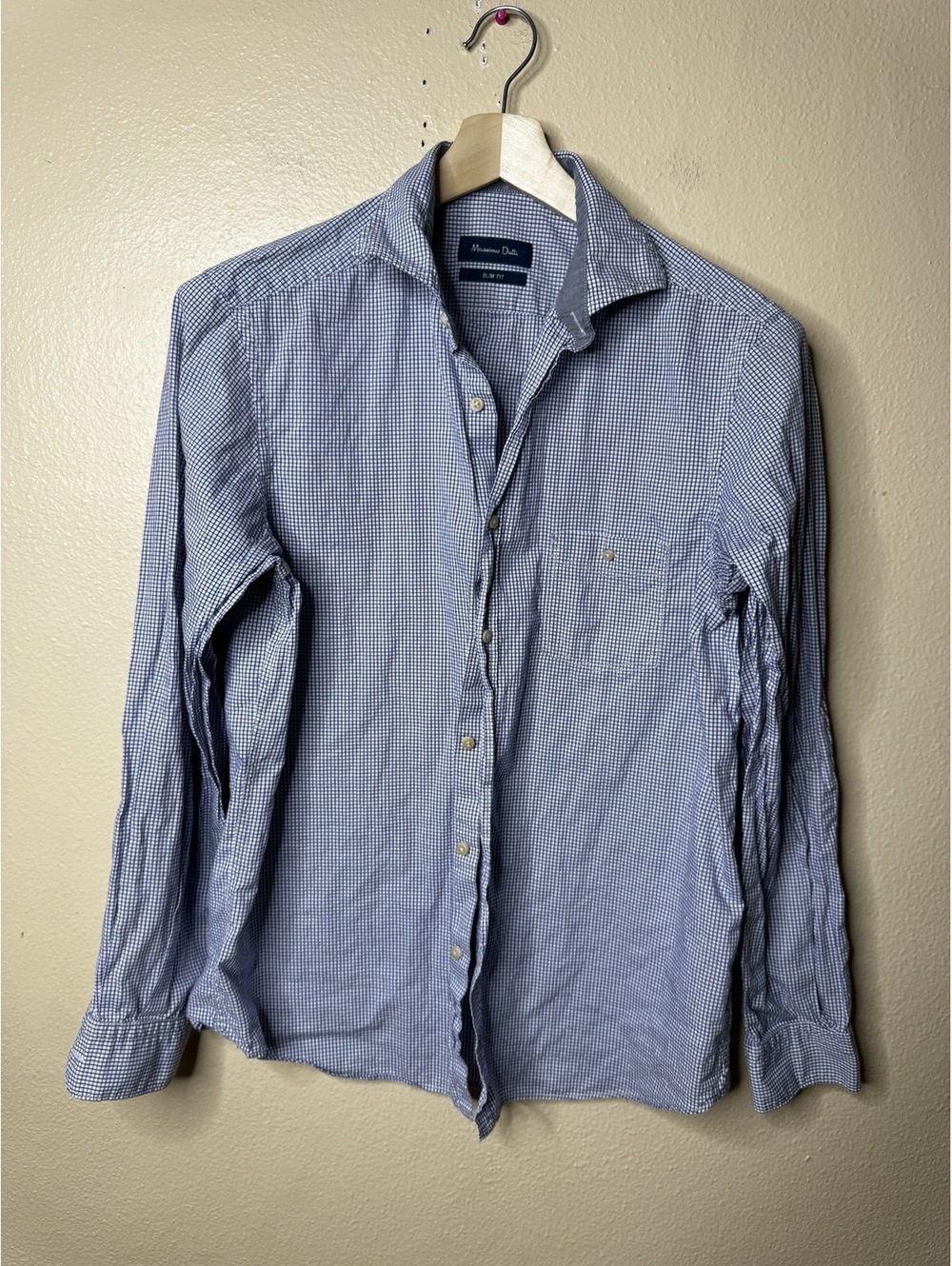 Massimo Dutti Shirt Men’s Large Blue White Slim Fit Gingham Check Casual